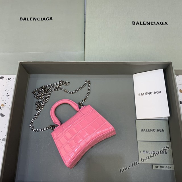 Balenciaga專櫃爆款手提女包 巴黎世家鱷魚紋牛皮粉紅mini Hourglass沙漏包 fyj1009